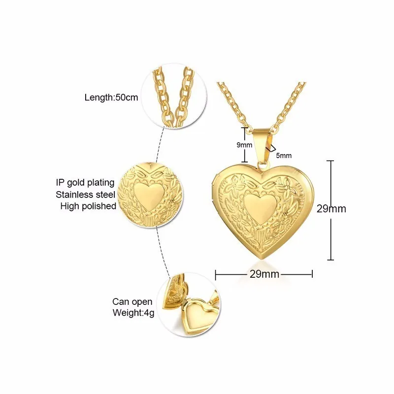 Womens Romantic Floral Embossed Gold Locket Necklace Girls Heart Photo Pendant in Golden Stainless Steel for Girl | Украшения и