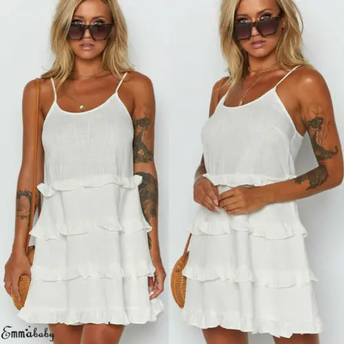Women Casual Sleeveless Frill Party Beach Dress Strappy Short Mini Ladies Cotton Solid Loose Dresses Female Clothing | Женская одежда
