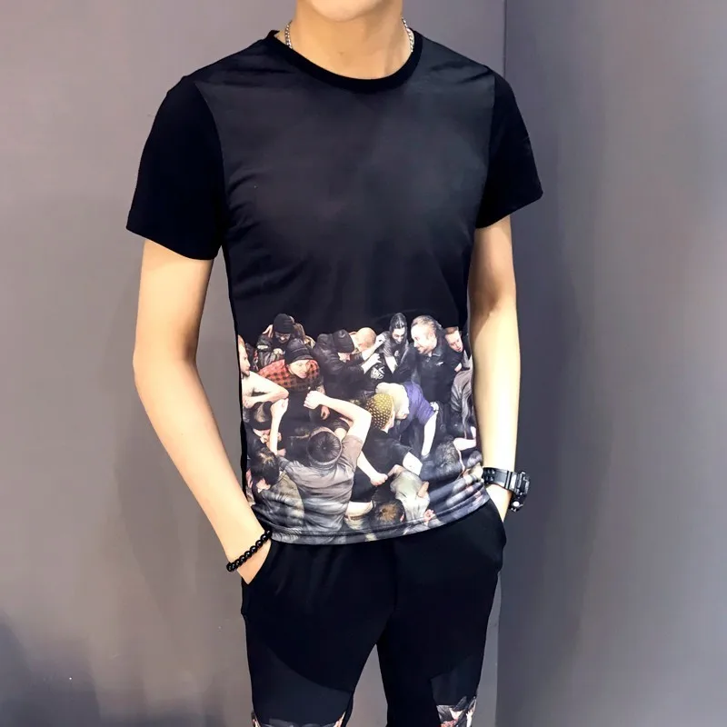 Новинка принт с рисунком лето 2019 короткий рукав круглый вырез для мужчин костюм