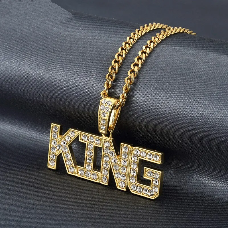 Хип Хоп Rap Charm письмо ожерелье полный стразы &quotКороль&quot Золотое подвесное