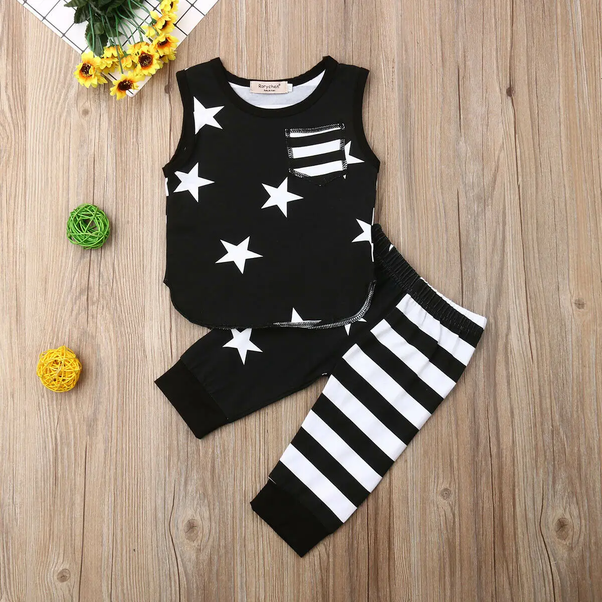 2019 Baby Summer Clothing Newborn Kids Boys Stars Clothes Sleeveless Striped Tops Patchwork Pants 2Pcs Sets Outfits 0-3Y |