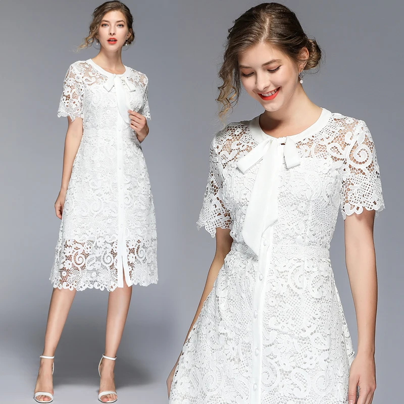 2019 Летнее белое кружевное платье женское однобортное с вышивкой кроше