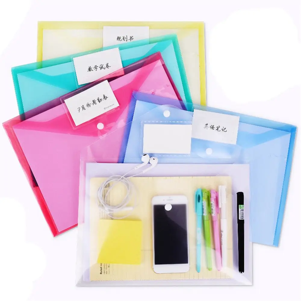 2pcs Transparent Colorful A4 File Bags Button Closure Folder Bag Office Plastic Document Large Capacity Storage Wallets|Папка для