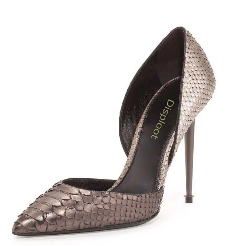 

Туфли-лодочки женские из кожи питона, пикантный заостренный носок, металлический каблук, боковой вырез, блестящие кожаные туфли-лодочки на шпильке для вечеринки