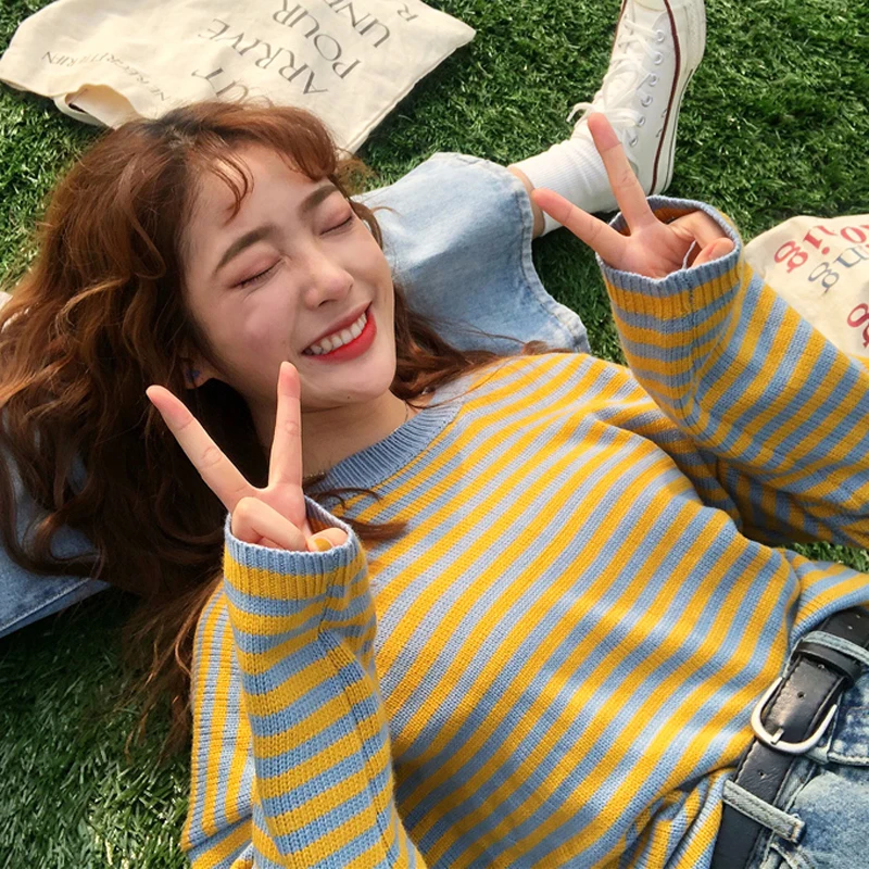 Harajuku Stripe Female Sweater 2 Colors Autumn and Winter Chic Style Long Sleeve Sweaters Womens Pullovers | Женская одежда
