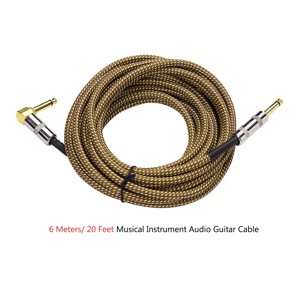 

6 Meters/ 20 Feet Musical Instrument Audio Guitar Cable Cord 1/4 Inch Straight to Right-angle Gold-plated TS Plugs PVC