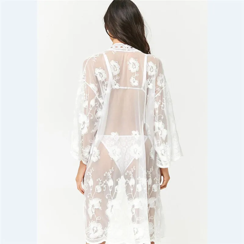Summer Beach Cover Coat Women White Jacket Lace cotten Blouse Kimono Cardigan Hollow Out Shirt Long | Женская одежда