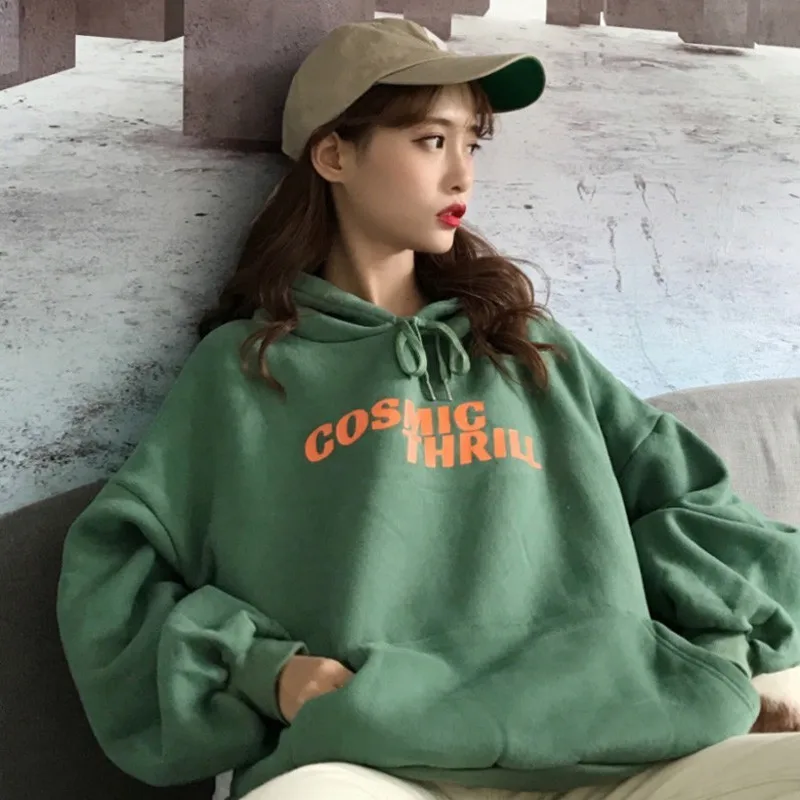 Женский свитер Kpop Зеленый свободный с капюшоном и принтом в виде букв Осенний