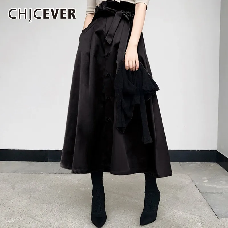 CHICEVER Autumn Winter Women's Skirt Bow Bandage High Waist Big Hem Long Skirts For Women Korean Fashion Vintage Clothes Tide | Женская