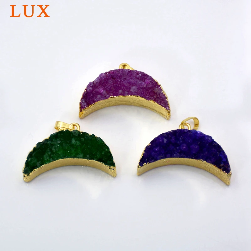 Crystal Quartz Moon Druzy Pendant Rainbow Stone Charm with gold bezel double horn jewelry | Украшения и аксессуары