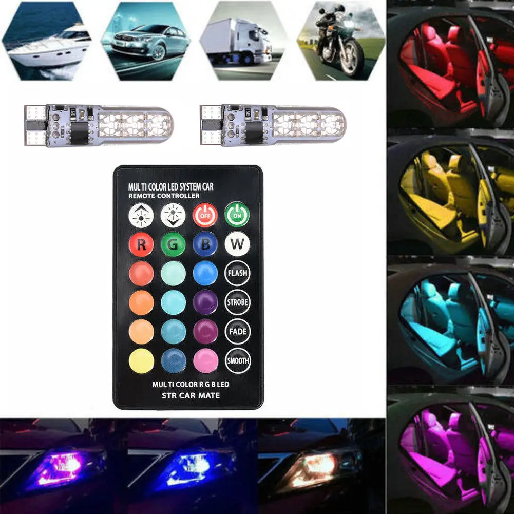 2 шт. T10 W5W светодиодные лампочки RGB 5050 6SMD пульт дистанционного управления Flash/Строб