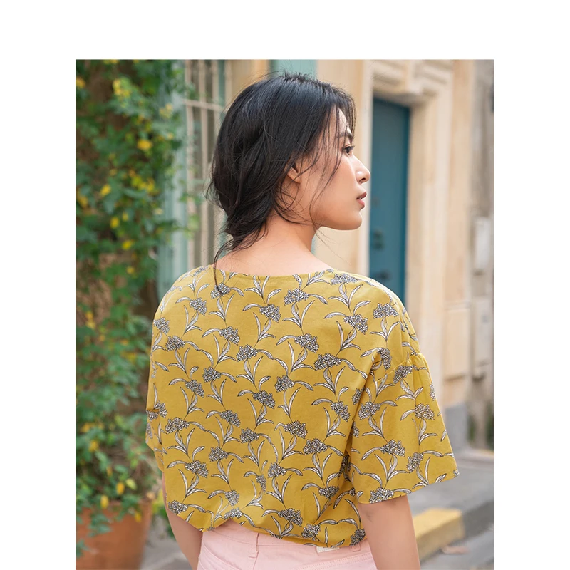 INMAN Summer O-neck Literary Floral Retro Holiday Style Slim Short Sleeves Women Blouse | Женская одежда