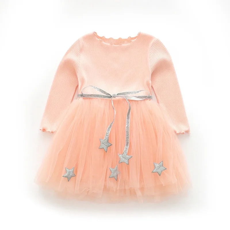 Трикотажное кружевное платье-пачка с длинными рукавами и поясом со звездами для