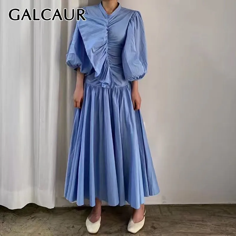 GALCAUR винтажное необычное женское платье асимметричный воротник фонарь рукав с