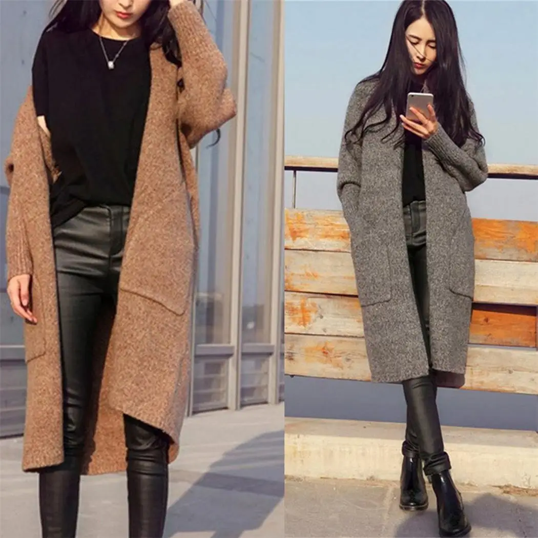 Women Fashion Loose Coat Mid-length Autumn Winter Front No Causal Casual Solid Raglan Sleeve Open Sweater |