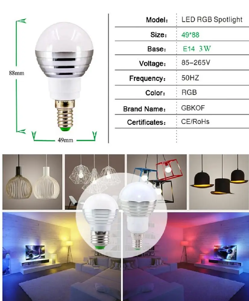 E14 Светодиодная лампа 3 Вт RGB 16 цветов волшебная 85-265 в сменная прожектор с