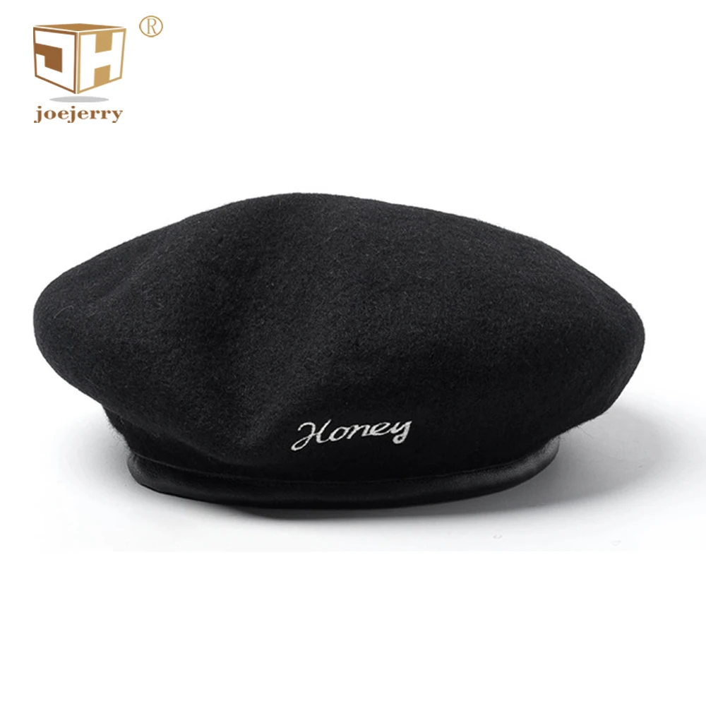 Женский шерстяной берет joejerry Черная Кожаная шапка на плоской подошве