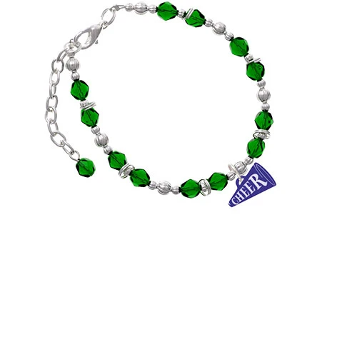 Acrylic 3/4&quot Navy Cheer Megaphone Green Beaded Bracelet |
