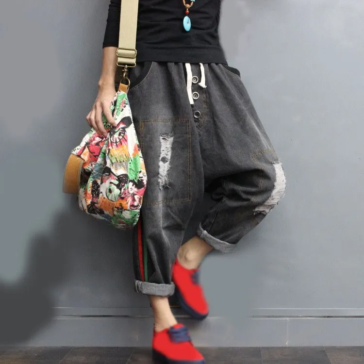 Женские боковые полосы крест брюки дамы Drawstring рваные джинсовые широкие ретро