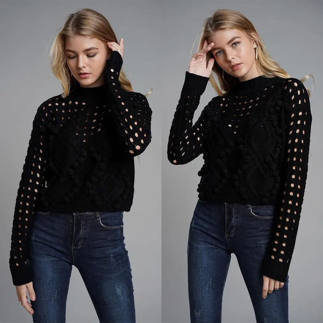 Women Casual Turtleneck Long Sleeve Solid Loose Hollow Autumn Winter Black White Pullover Sweater | Женская одежда