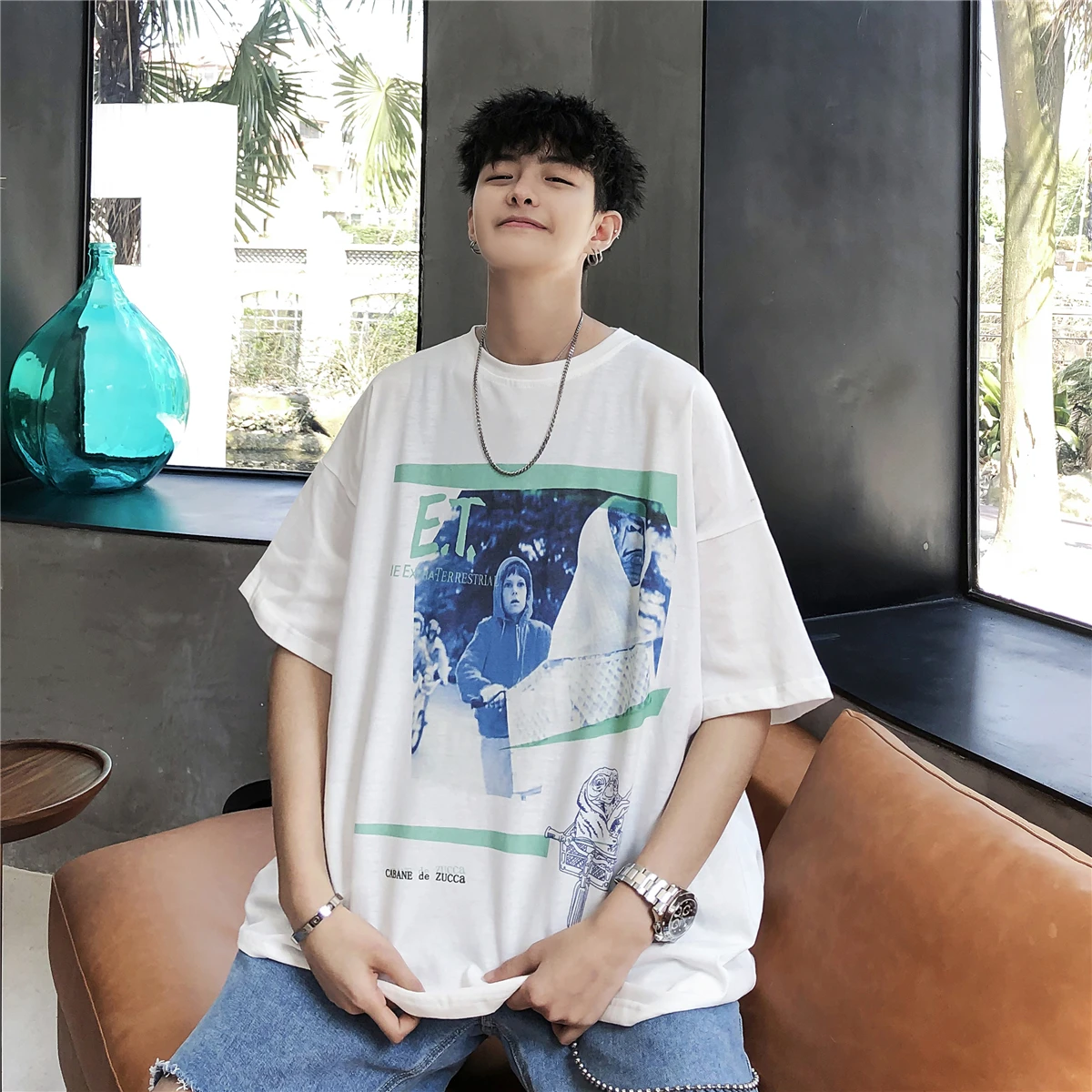 Мужская хлопковая одежда с короткими рукавами белая/черная свободная футболка