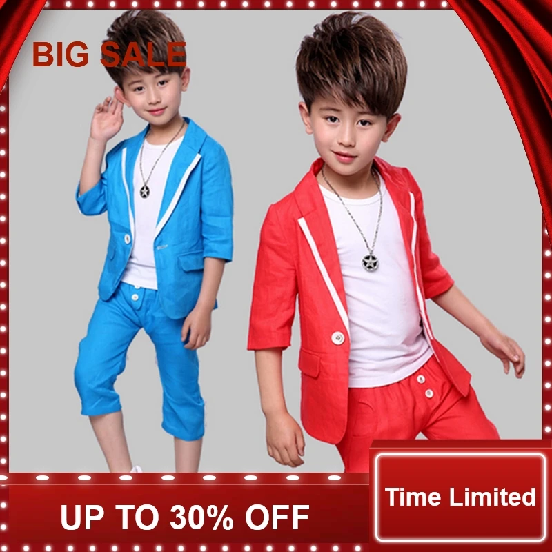 Boy short sleeve suit 2017 summer new children's dress cotton linen two-piece boys suits for weddings coat +pants |