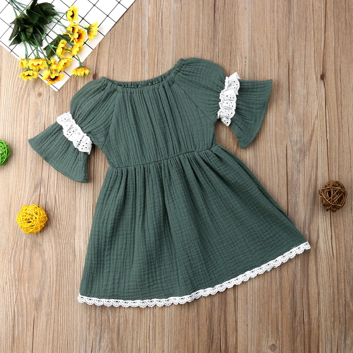 Fashion Lace Toddler Kids Baby Girls Cotton Linen Princess Half Sleeve Dress Clothes Cute Casual Solid 6M-4Y Dresses | Детская одежда и