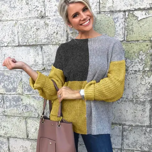 Ladies Long Sleeve Soft Knit Sweater Top Women Autumn Round Neck Knitted Ribbed Jumper Patchwork Sweaters | Женская одежда
