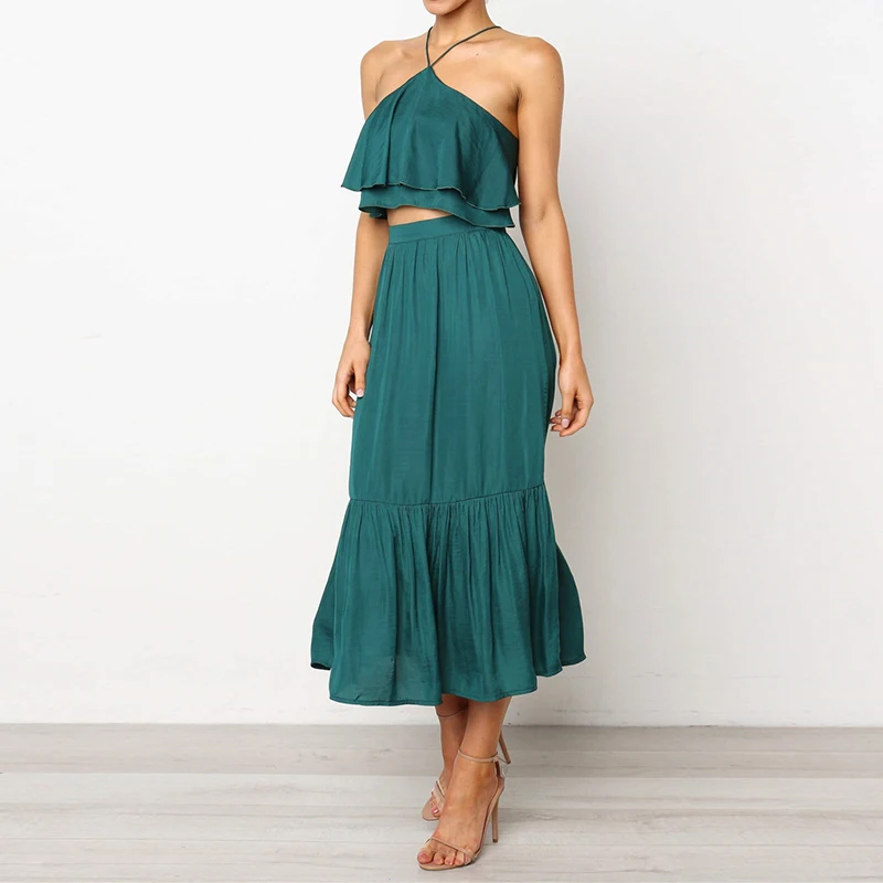 Женский комплект из двух предметов: укороченный топ с лямкой на шее без рукавов и