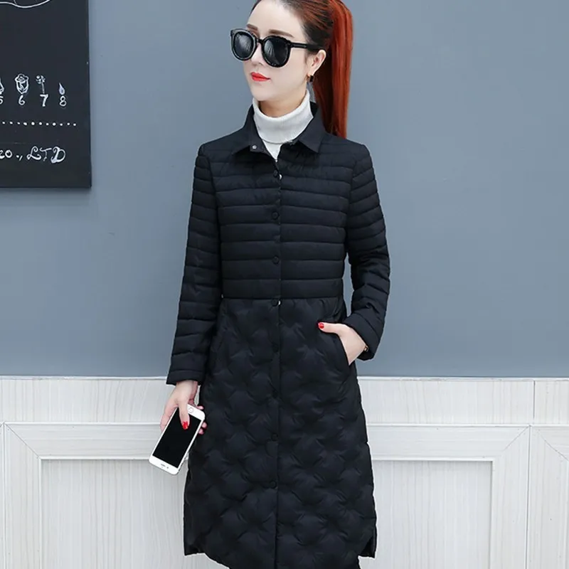 Модная легкая зимняя куртка пальто для женщин синяя тонкая парка с отворотом хит