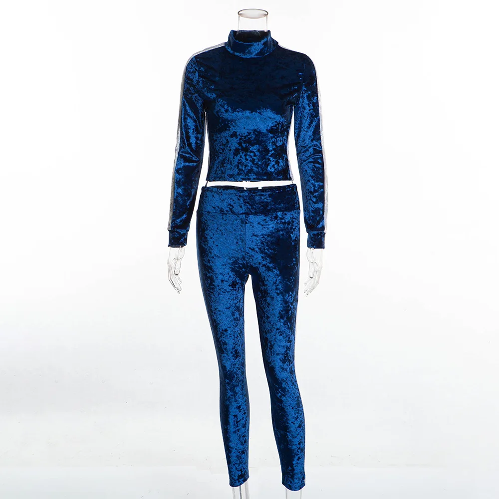 JLI MAY Velvet 2 piece outfits for women Patchwork tracksuit pants set clothes two INS Fashion Casual Winter Autumn |