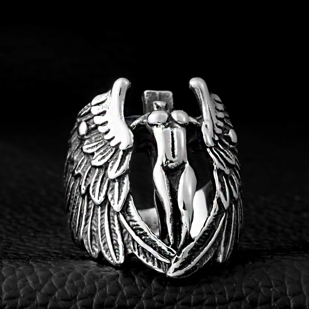 

316L Stainless steel steam ram Men punk ring Feather Wing Angel Powerful Skull man Band gothic rings Jewelry Gift For Him