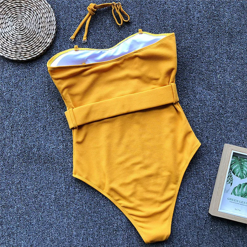 Женский купальник в рубчик желтый монокини с поясом Бразильское бикини 2019 | Спорт