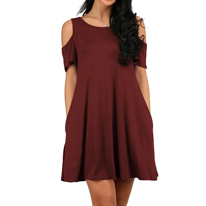 Повседневное однотонное женское платье с коротким рукавом и открытыми плечами
