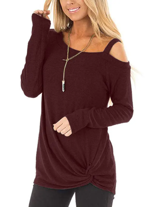 Wipalo Plus Size Knotted Skew Neck Cut Out Long Sleeve Tshirts One Shoulder T Shirt Women Tee Autumn Casual Ladies Tops 2XL|Футболки| |