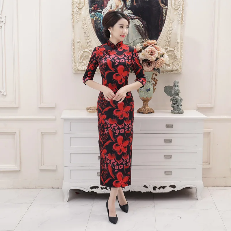 4XL бархатные Длинные платья Qi Pao Китай пион узор Осень зимний чеонгам длинные