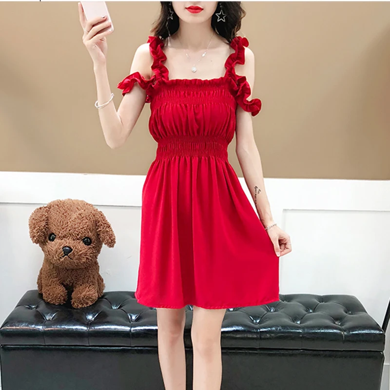 Летние Для женщин Kawaii милые однотонные платье без рукавов Спагетти ремень строки