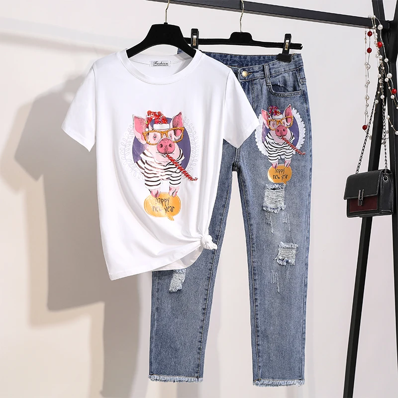Женский комплект 2 шт. джинсовый набор 2019 Летние повседневные бисерные футболки с