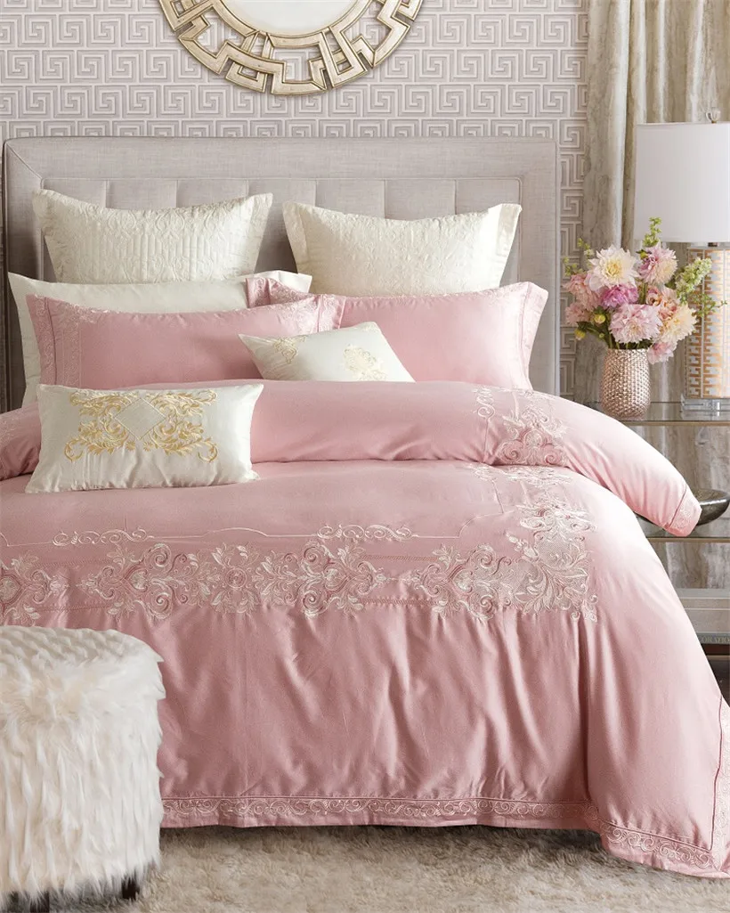

Embroidery Egyptian cotton luxury bedding set queen king size green pink bed linen/sheet set Quilt duvet cover set pillowcase 40