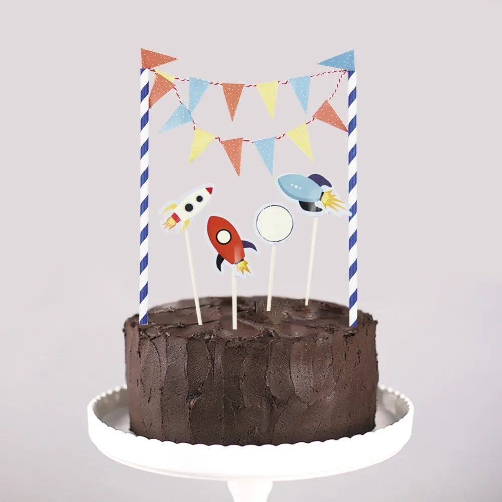 Space Theme Kids Birthday Decorations With Happy Banner Hanging Swirls Cake Topper Planet Pattern Children Home Decor | Дом и сад