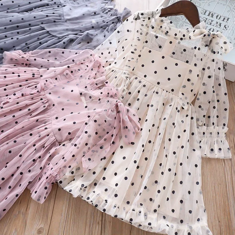 girls tulle dress vintage long sleeve Dot ruffles birthday princess kids dresses for girl's clothing boutiques children frock | Детская