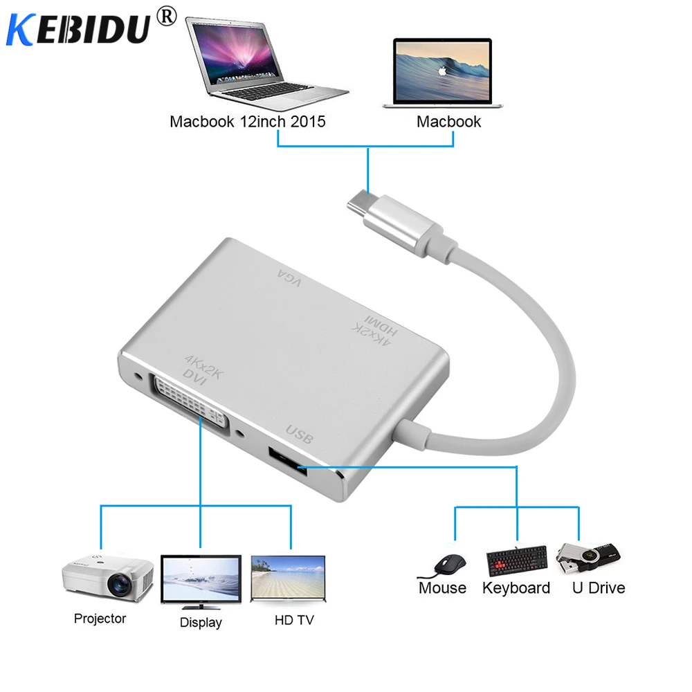 Адаптер KEBIDU 4 в 1 с портом Type-C на HDMI VGA DVI USB 3 0 кабель C для ноутбука ТВ совместимый
