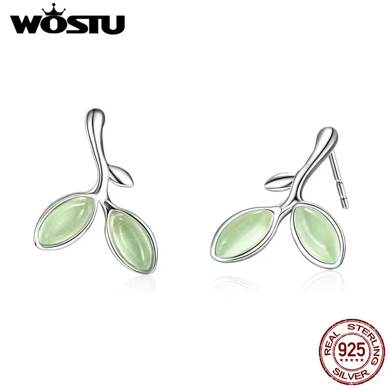 Женские серьги пусеты WOSTU из 100% серебра 925 пробы с зеленым камнем ювелирное