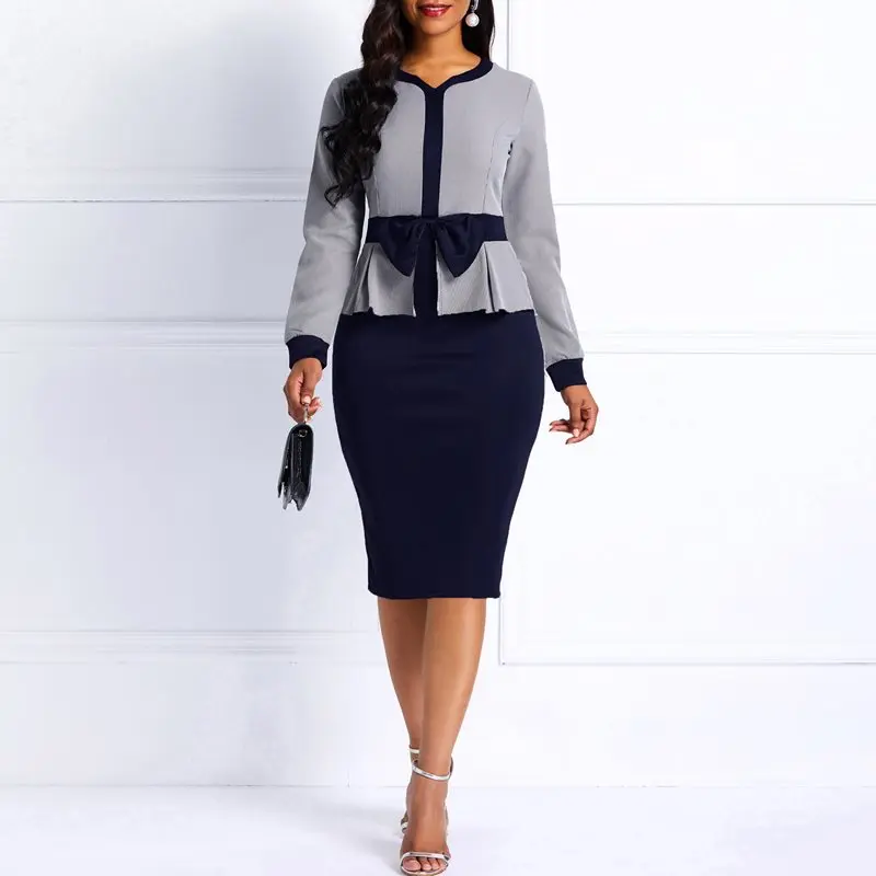 Women Dress 2019 Spring Elegant Long Sleeve Color Block Bowknot Patchwork Round Neck Bodycon Office Lady Party Midi | Женская одежда