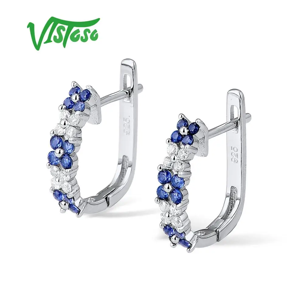 VISTOSO серебряные серьги для женщин 925 пробы Серебряный цветок блестящий синий нано