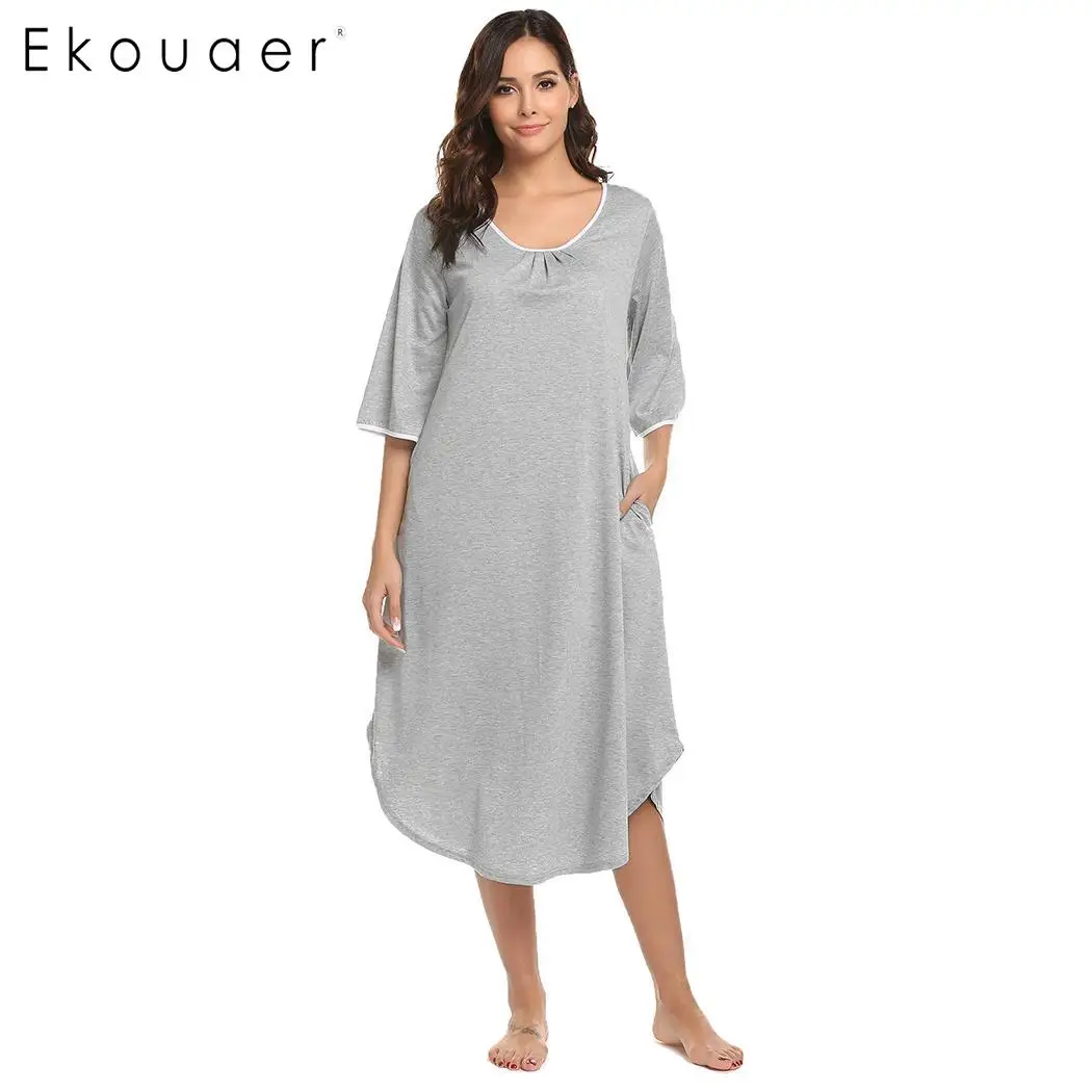 Фото Женская ночная рубашка Ekouaer однотонная сорочка с круглым вырезом и коротким Женская ночная рубашка Ekouaer однотонная сорочка с круглым вырезом и коротким