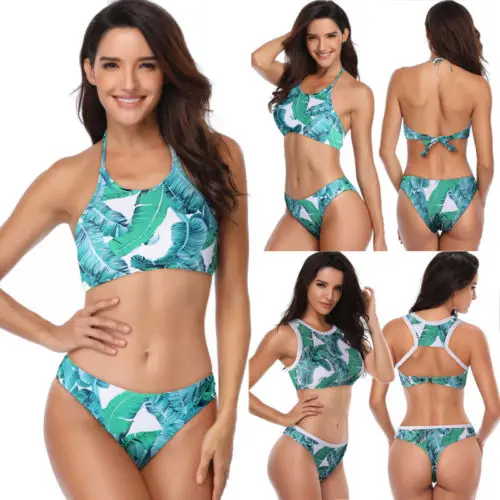 2 шт. комплект бикини с принтом зеленых листьев женский купальник пуш ап и