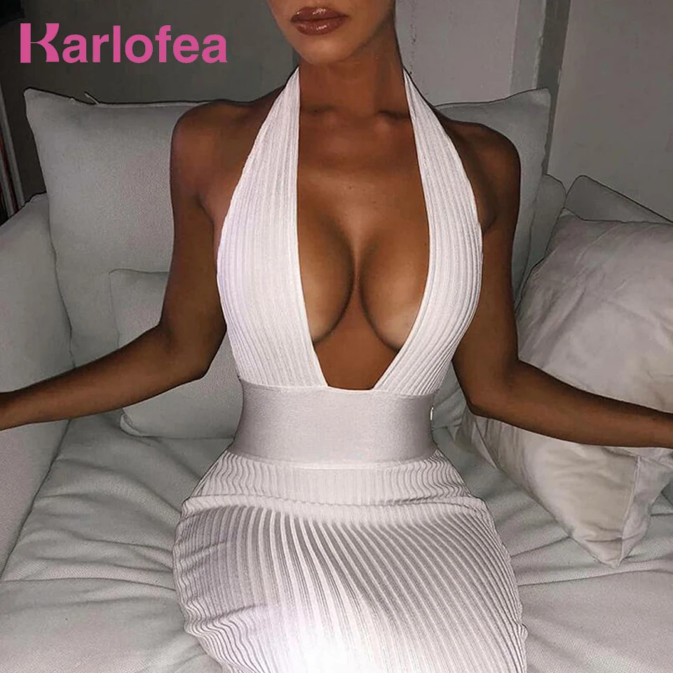 

Karlofea Sexy Solid Color Knitted Club Party Dress For Women Deep V Halter Sleeveless Backless Long Dress Lady Spring New Gown