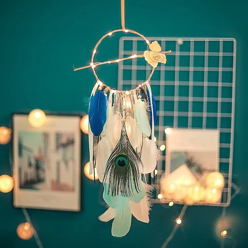 Освещение Dream Catcher висит DIY светодиодный светильник Искусство отделки перьями