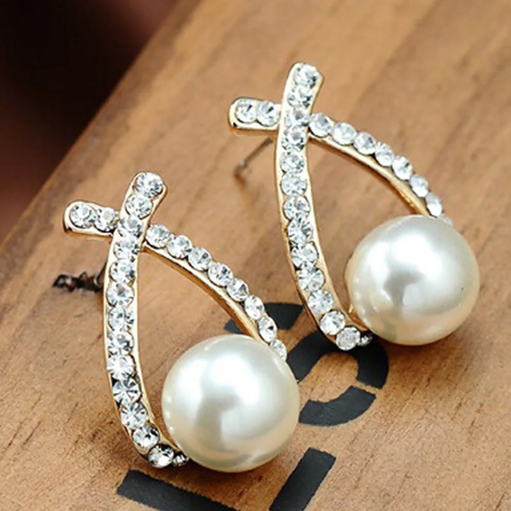 Женские серьги Мода Pearl уха шпильки девушек штраф крест жемчужина флэш со